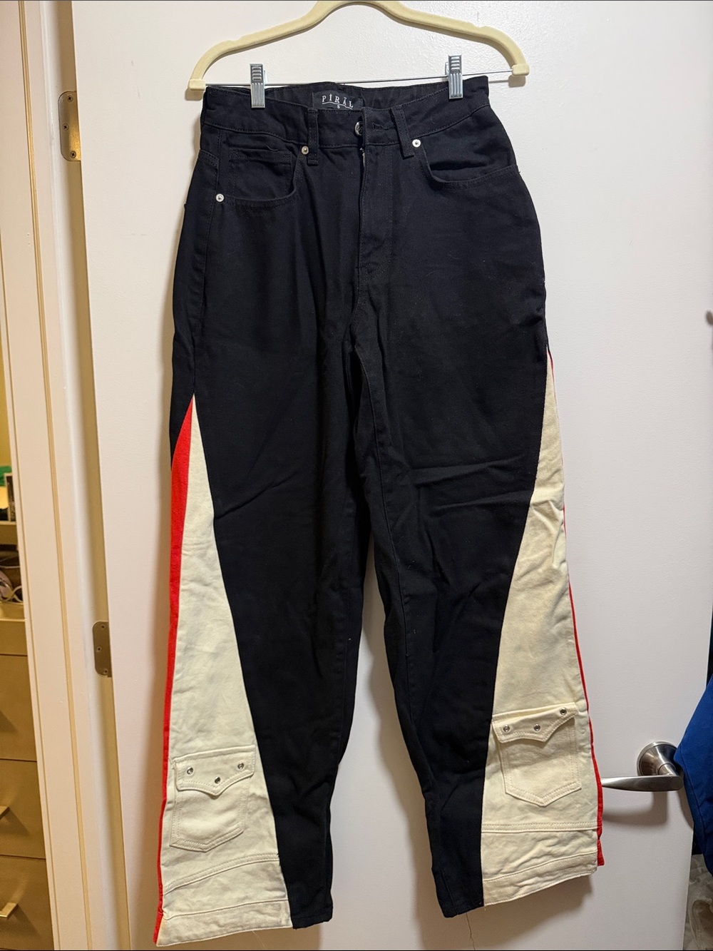 Women’s Black Boot Cut Jeans with Red & Cream Side Panels